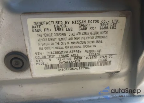 2004 Nissan Sentra 1.8S from USA, damaged, VIN 3N1CB51D14L859986